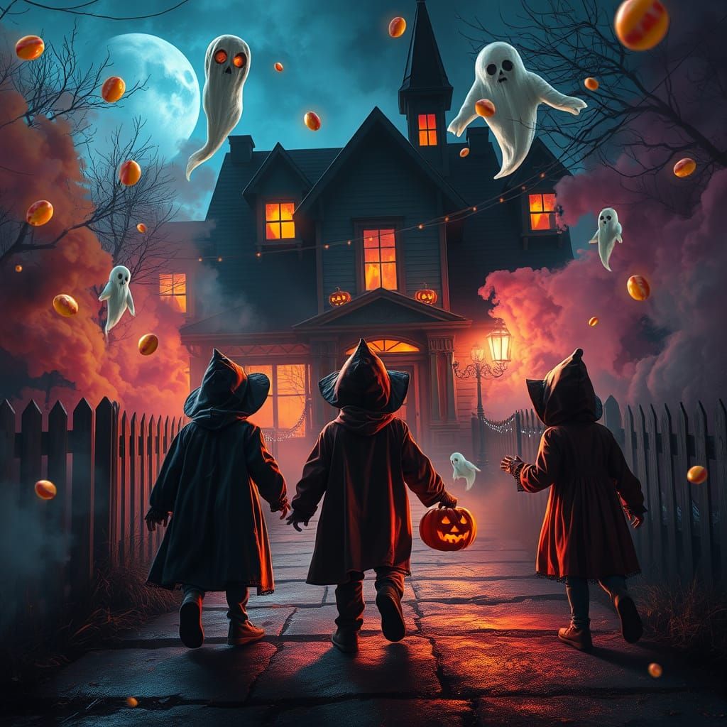Spooky Halloween Night with Eerie Costumes and Ghostly Candi...