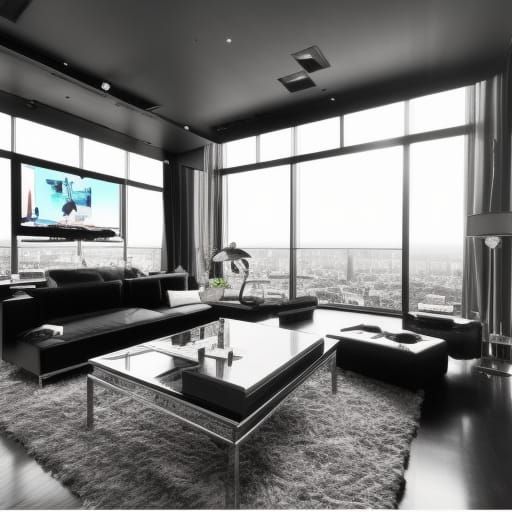 Big screen Tv high rise penthouse with huge windows& Black furniture& Silver tables& Black lamps& Black floors& Silver r...