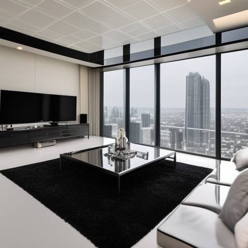 Big screen Tv high rise penthouse with huge windows& Black furniture& Silver tables& Black lamps& Black floors& Silver r...