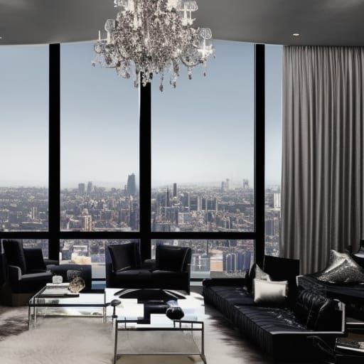 Big screen Tv high rise penthouse with huge windows& Black furniture& Silver tables& Black lamps& Black floors& Silver r...