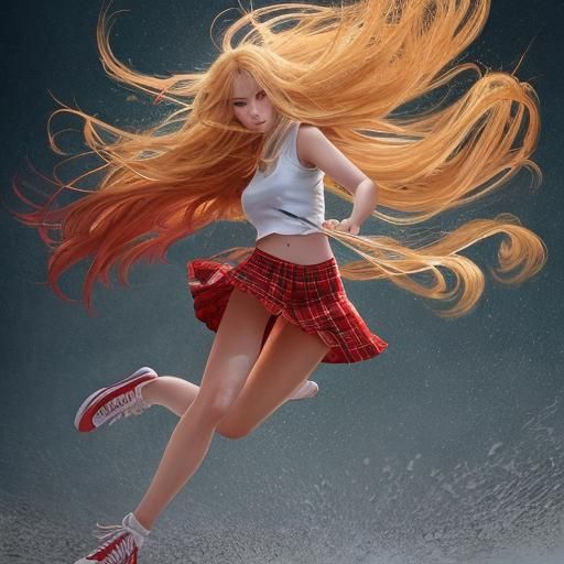 Anime Style Pin-Up Girl in Red Tartan Mini Skirt