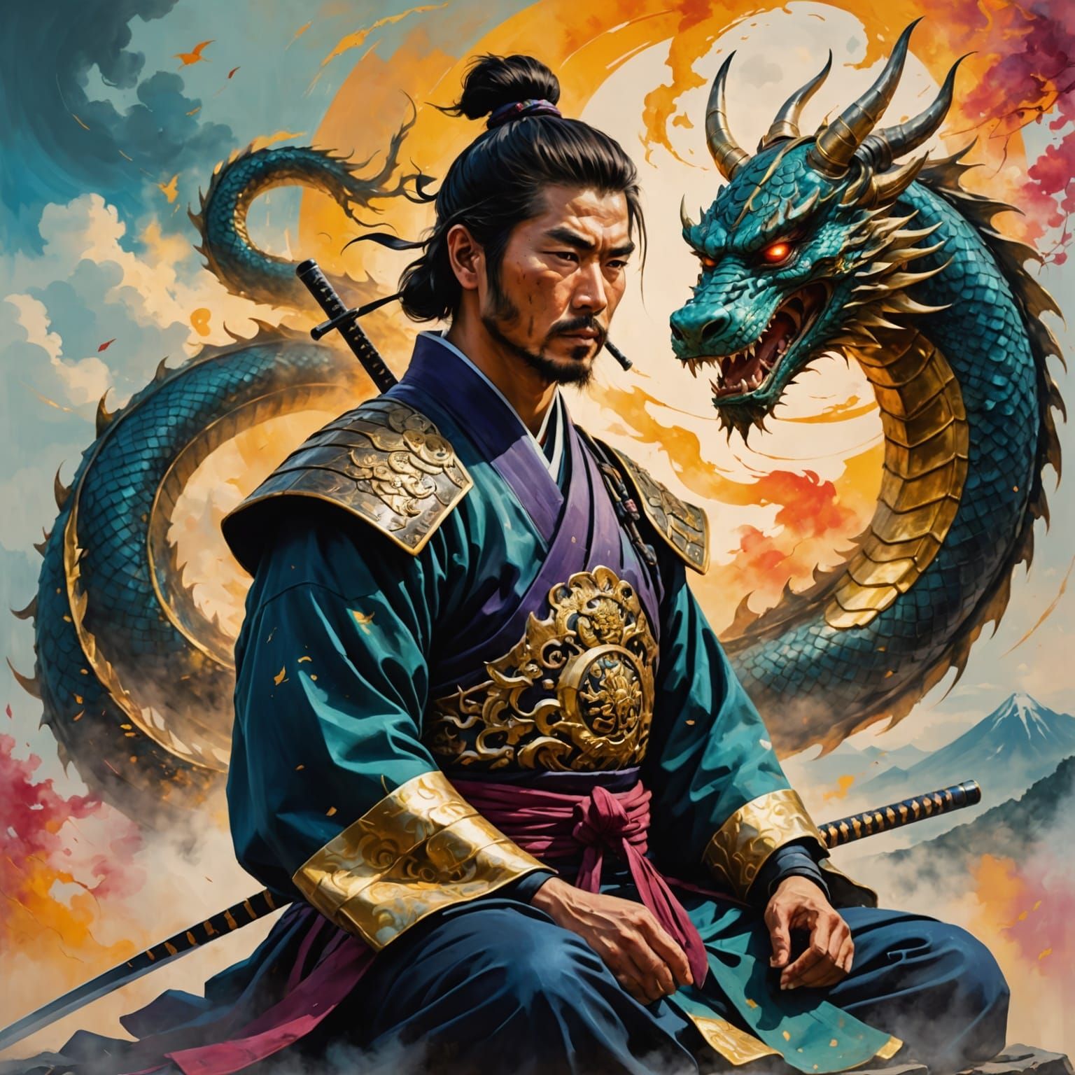 Samurai Meditation: Vibrant Oil Painting with Inner Dragon