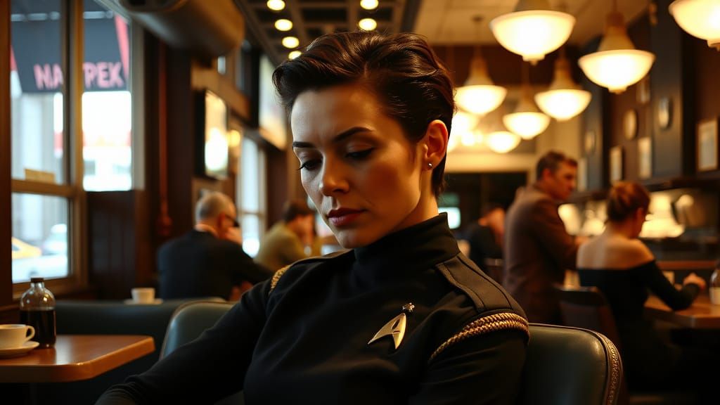 Bajoran Militia Officer Lost in Thought in a New York Cafe