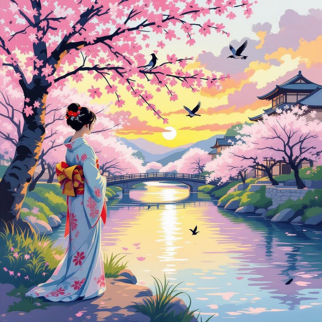 Japanese Woman by River in Art Nouveau Style