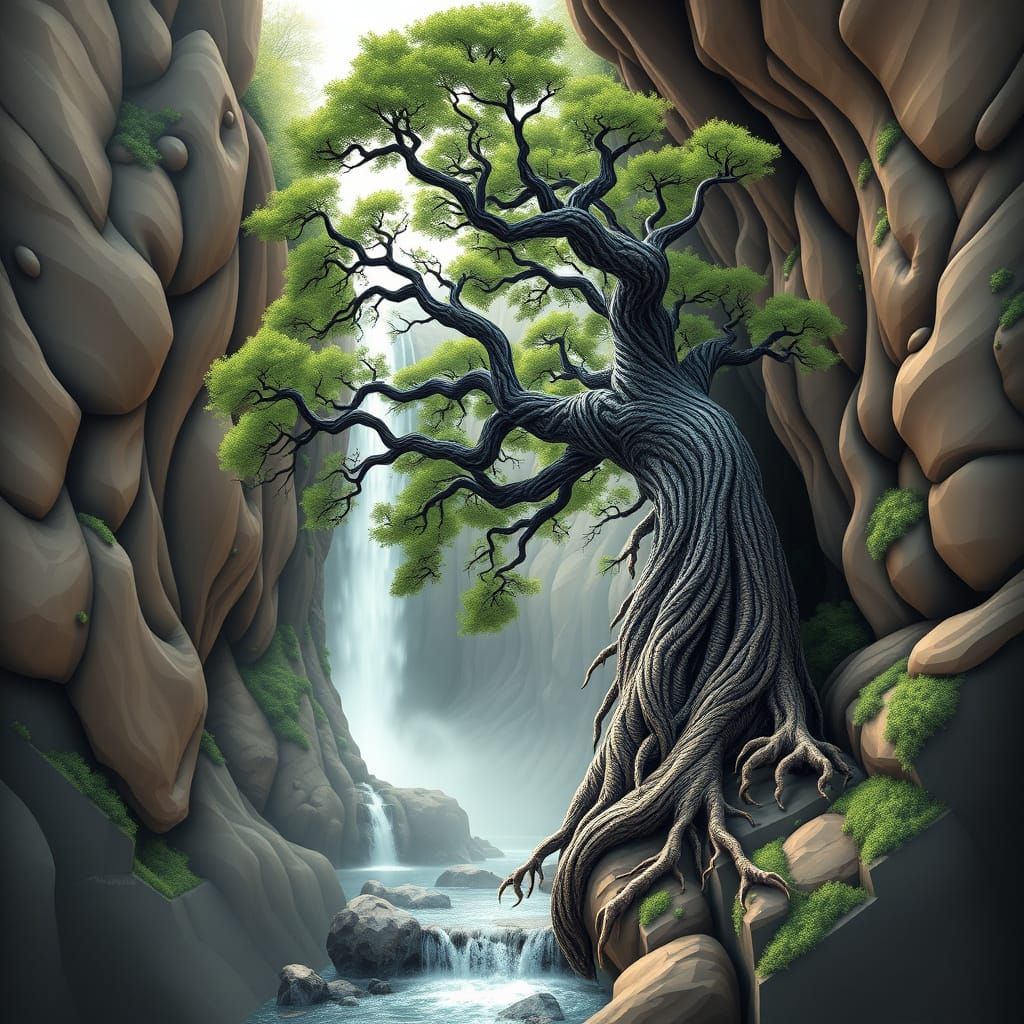 Twisted Alder Tree in Majestic Canyon Landscape