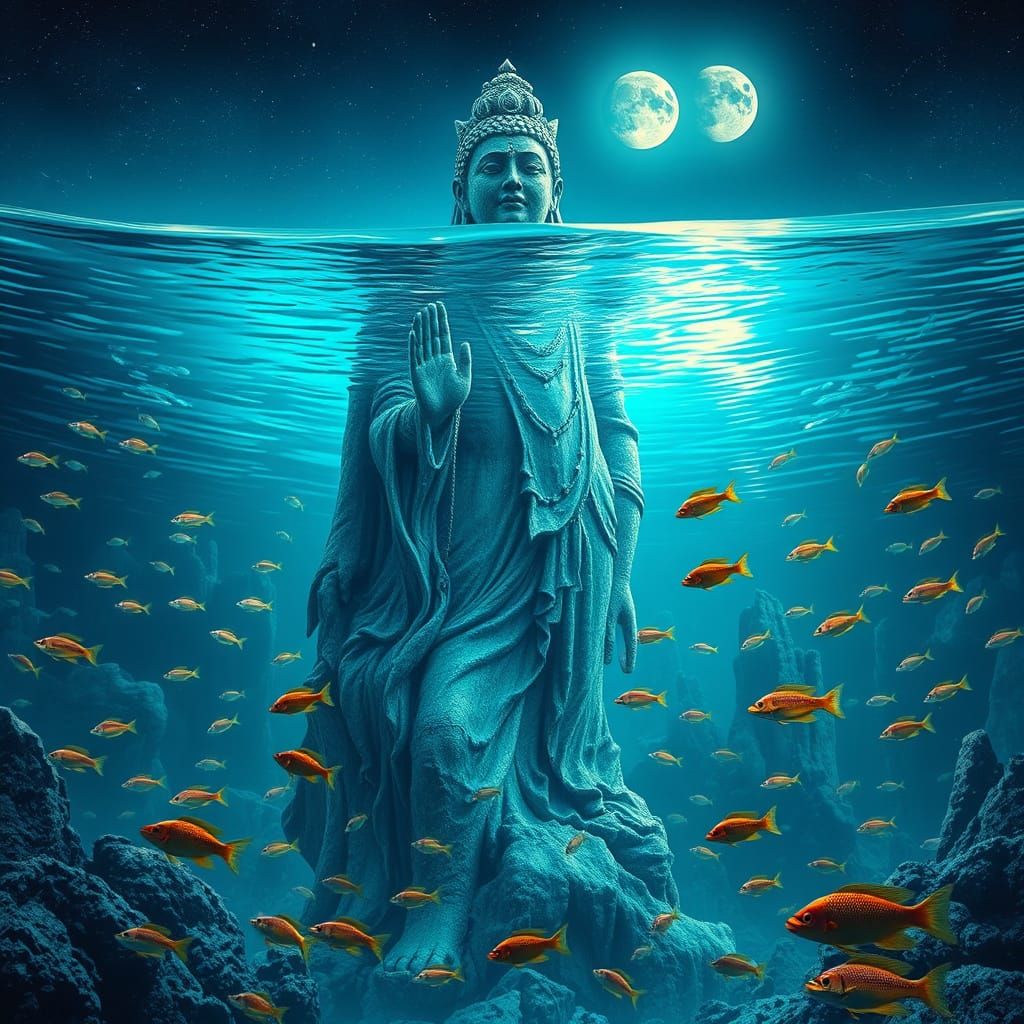 Forgotten Deity Statue in Bioluminescent Ocean