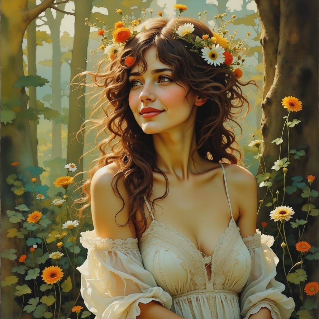 Ethereal Woman in Forest Glade, Dreamy Surrealism