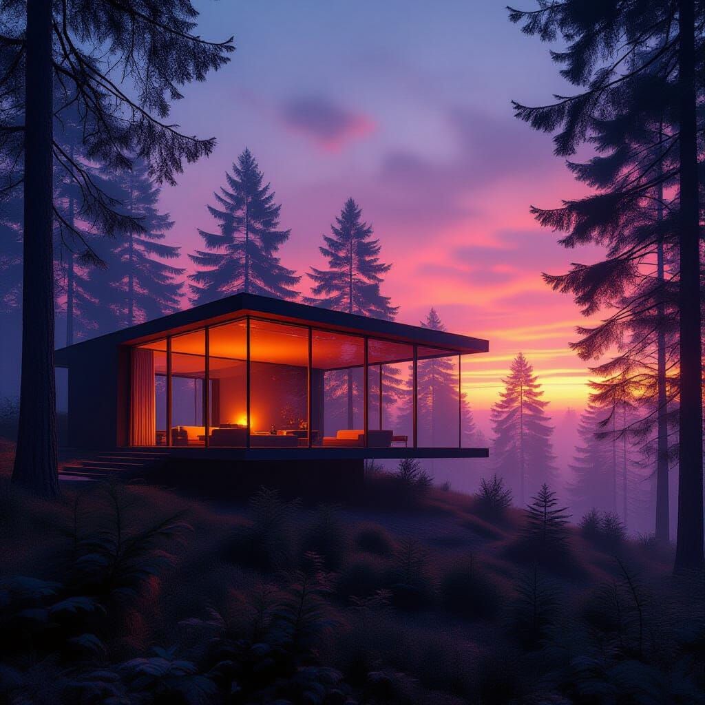 Futuristic Glass House Glows in Vibrant Sunset Forest