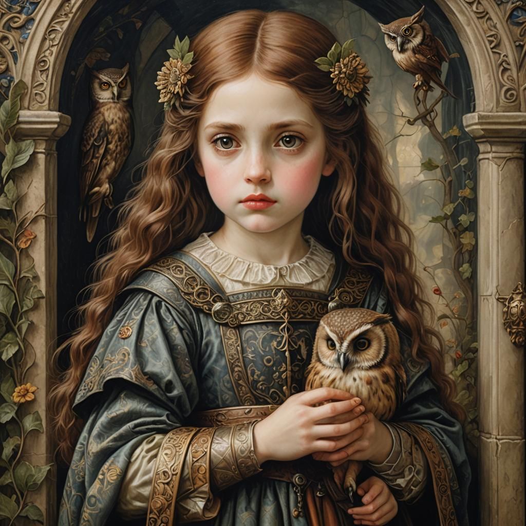 Medieval Girl with Owl in Pre-Raphaelite Style
