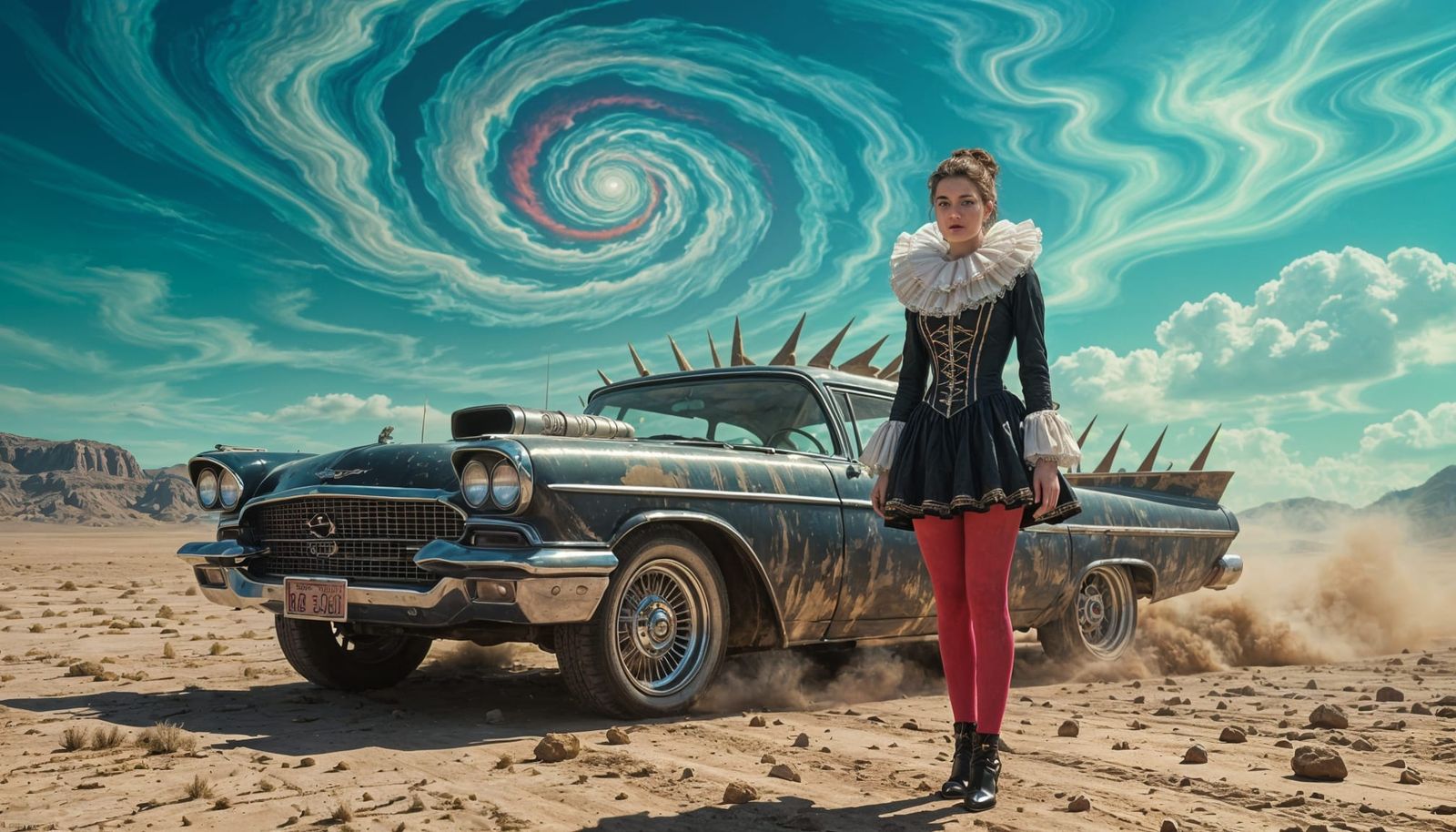 Elizabethan Woman in Shattered Wasteland with Mad Max Car