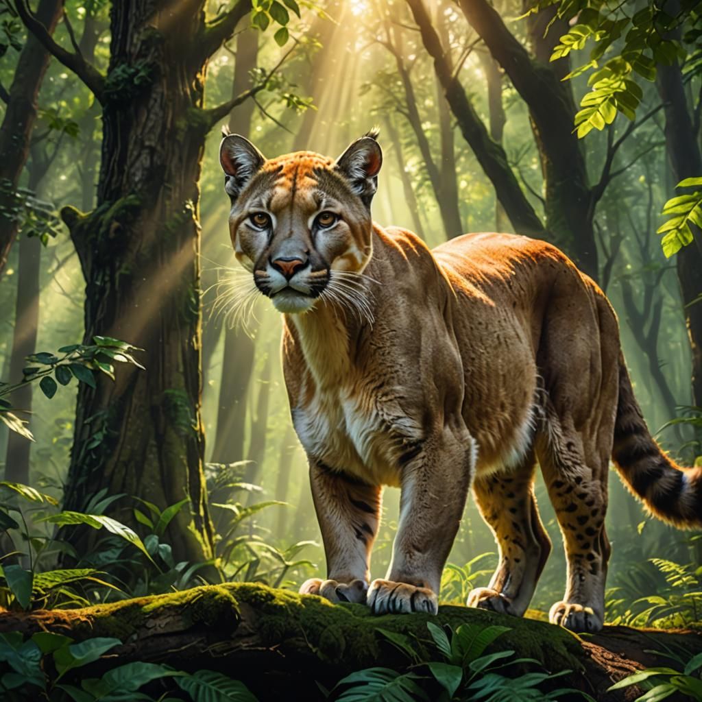 Puma in Forest with Sunlight, Matte Painting