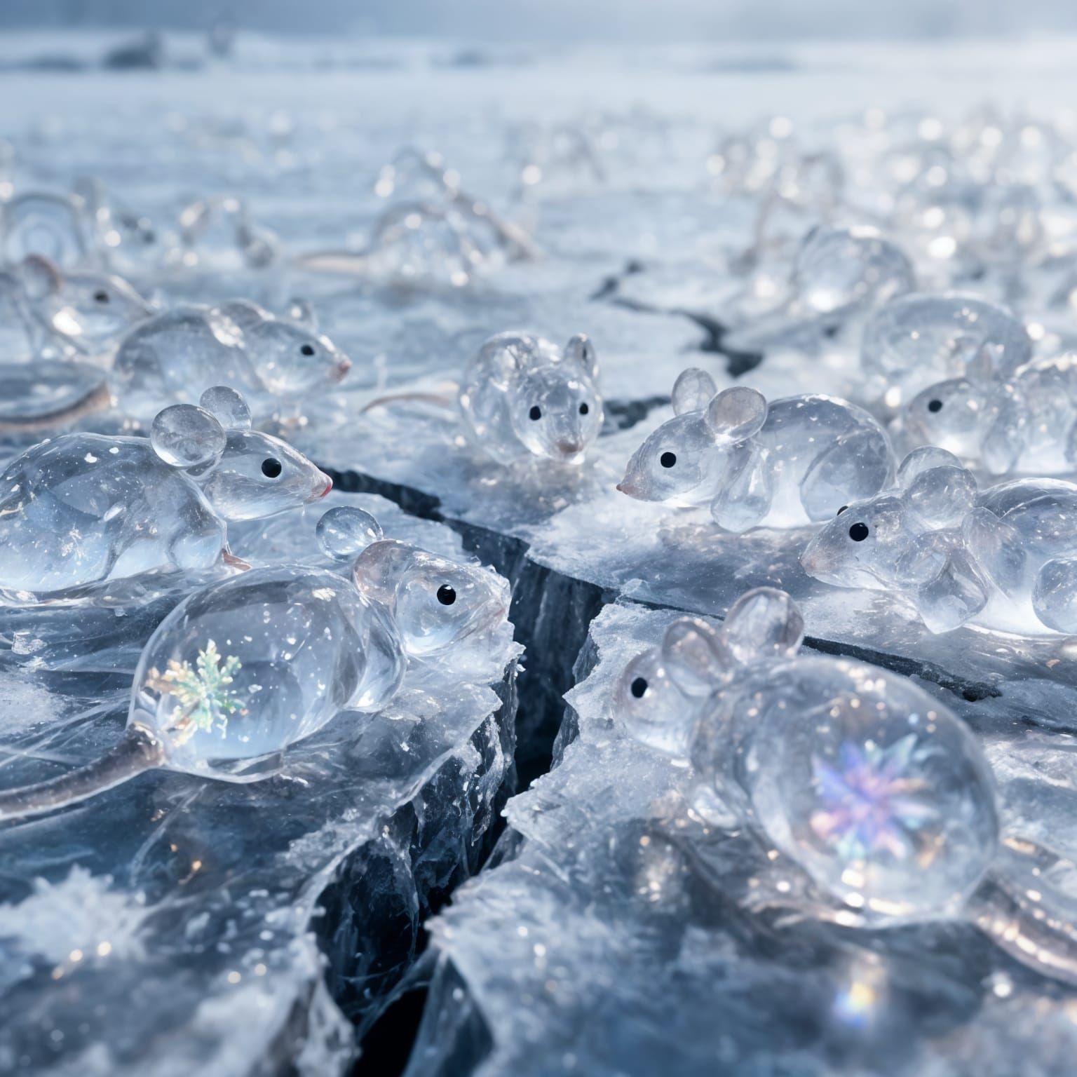 Fractal Frosty Ice Mice Emerge From Frozen Lake