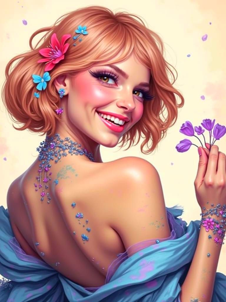 Woman Radiates Joy in Vibrant, Dreamlike Portrait