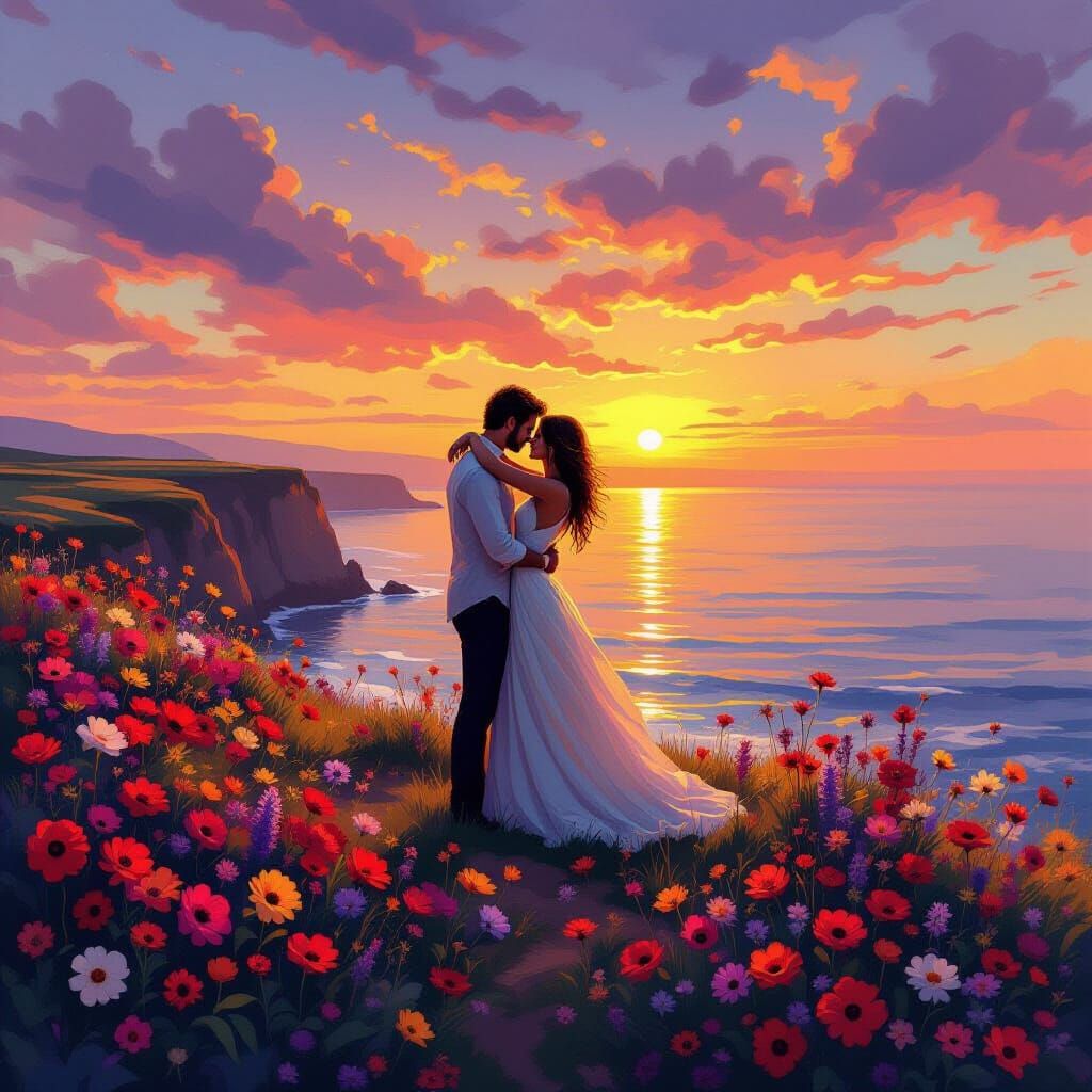Romantic Couple Embracing at Sunset Amidst Blooming Flowers