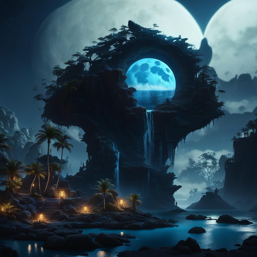 Moonlit Blue Lagoon: Detailed Fantasy Concept Art