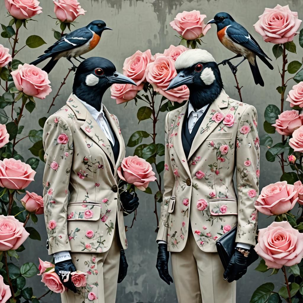 Birds in Chanel Suits with Pink Roses