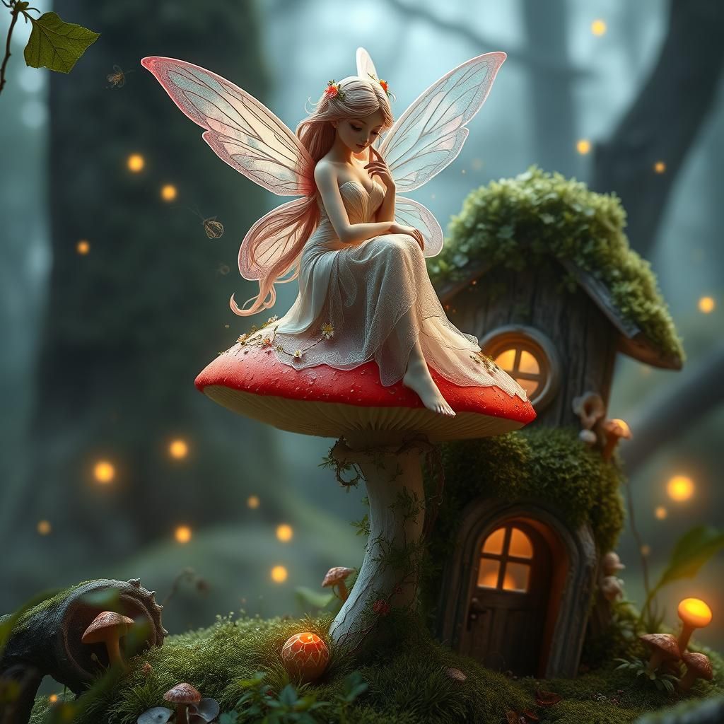 Crystal Fairy on Mushroom in Enchanted Forest