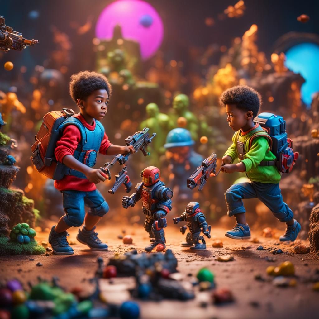 Kids Playing with Colorful Action Figures in Fantasy Style