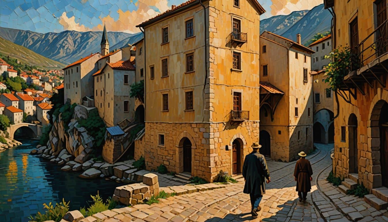 Impasto Painting of Mostar, Bosnia with Expressionist Brushs...