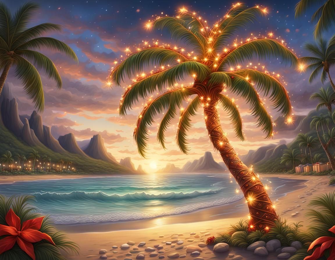 Christmas Palm Tree on Hawaiian Beach: Storybook Illustratio...