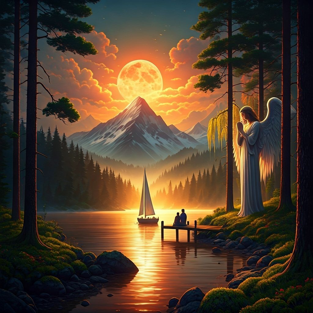 Serene Lakeside Sailboat Scene with Angel and Golden Moon