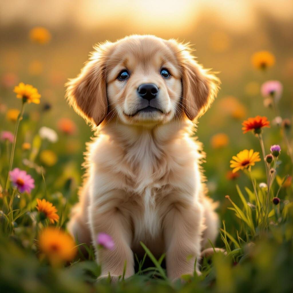 Adorable Golden Retriever Puppy in Sunlit Meadow