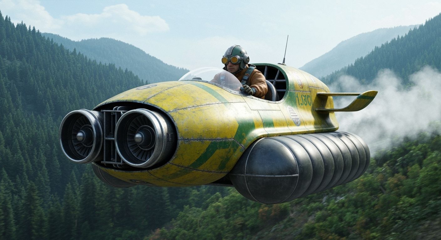 Futuristic Hovercraft Race Through Forest Valley