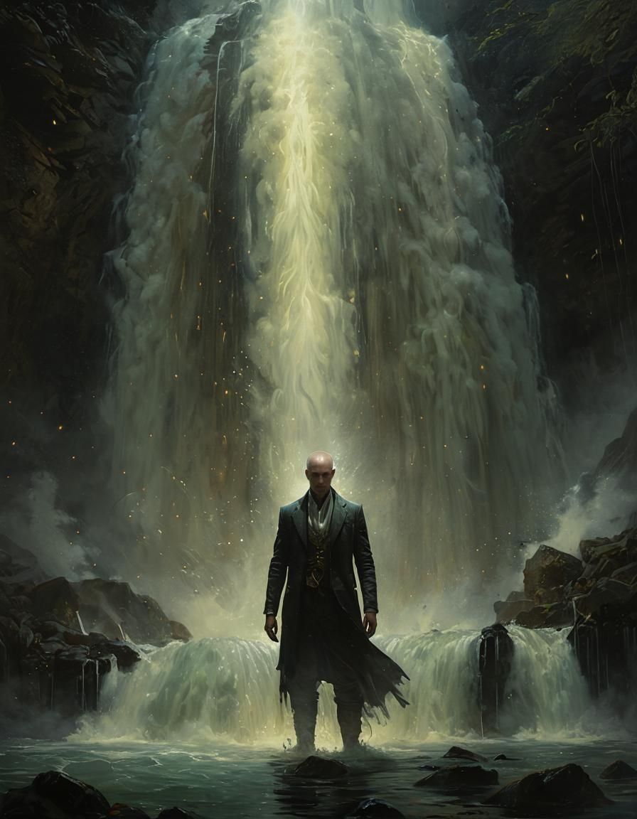 Water God Battles Impossible Torrent in Rembrandt Lighting