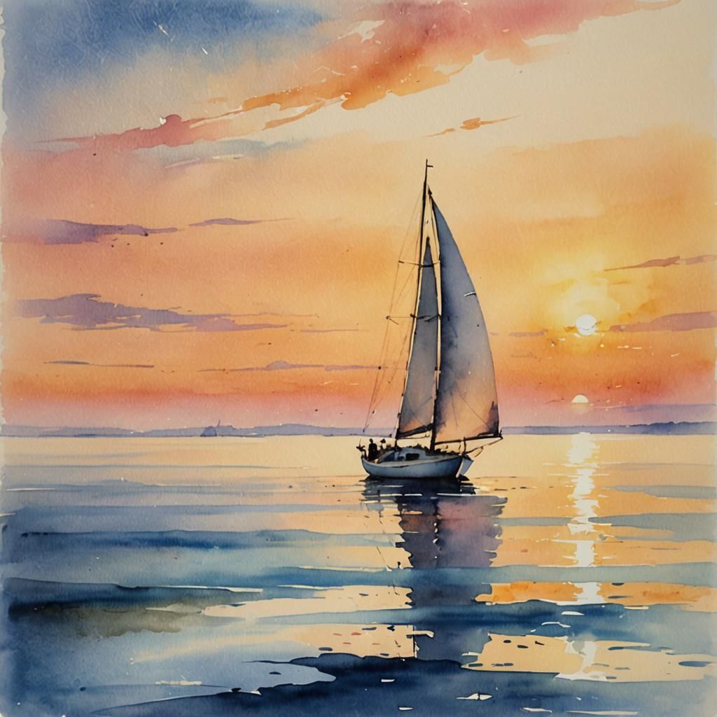 Impressionist Sailboat at Sunset, Watercolour Style