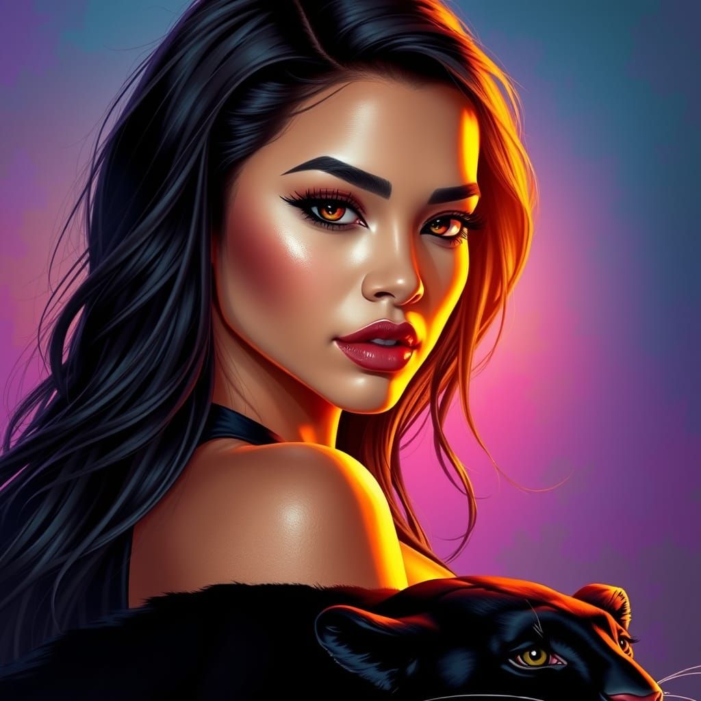 Hyper-Realistic Portrait of a Young Woman with a Black Panth...