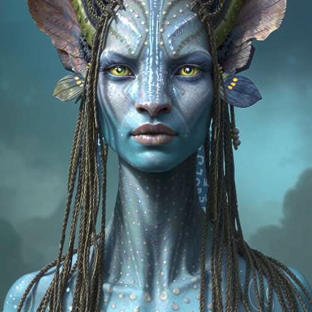 Majestic Na'vi Woman with Glowing Feathers in Iridescent For...