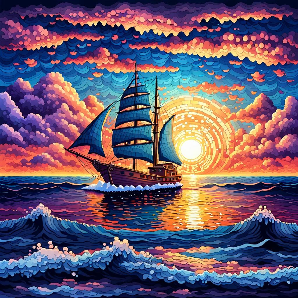 Sunset Sailing Boat in Pixel Art Style