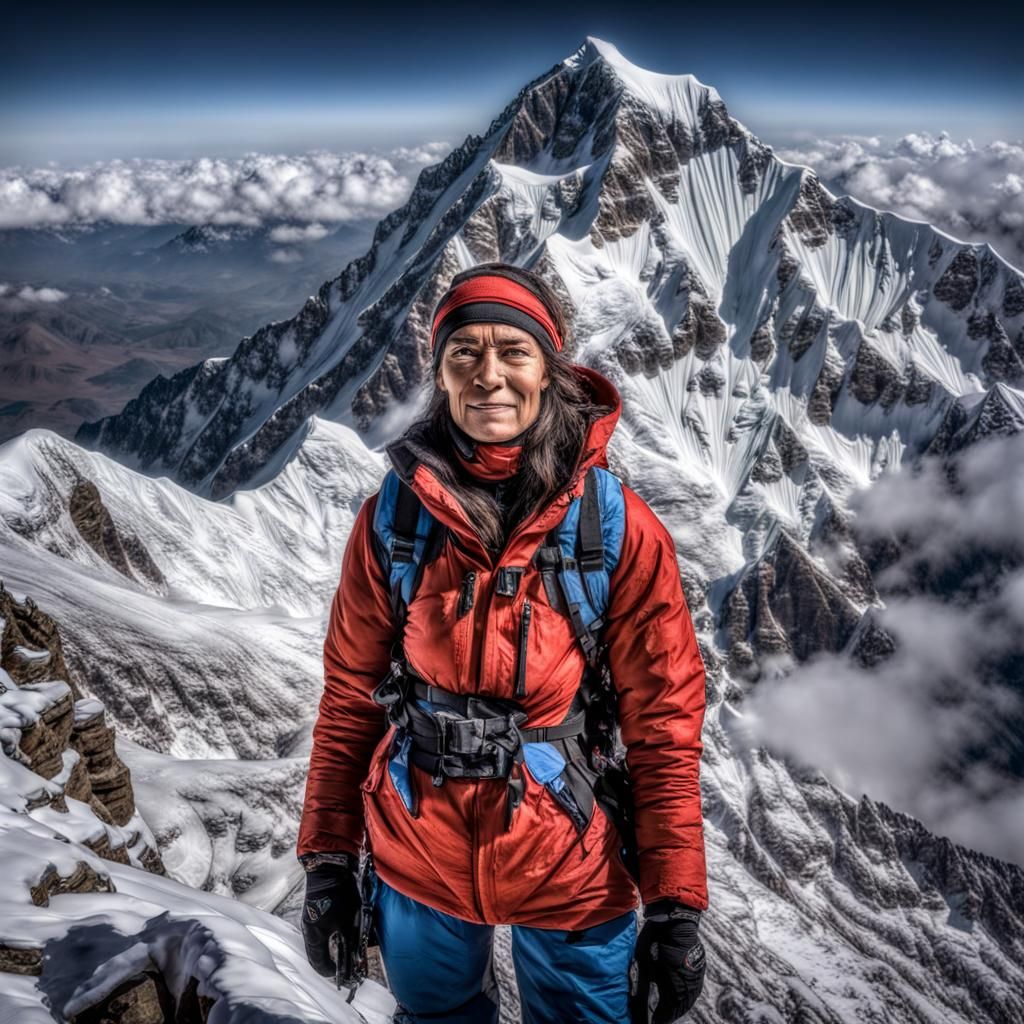 Victorious Woman Climbs Snowy Mount Everest