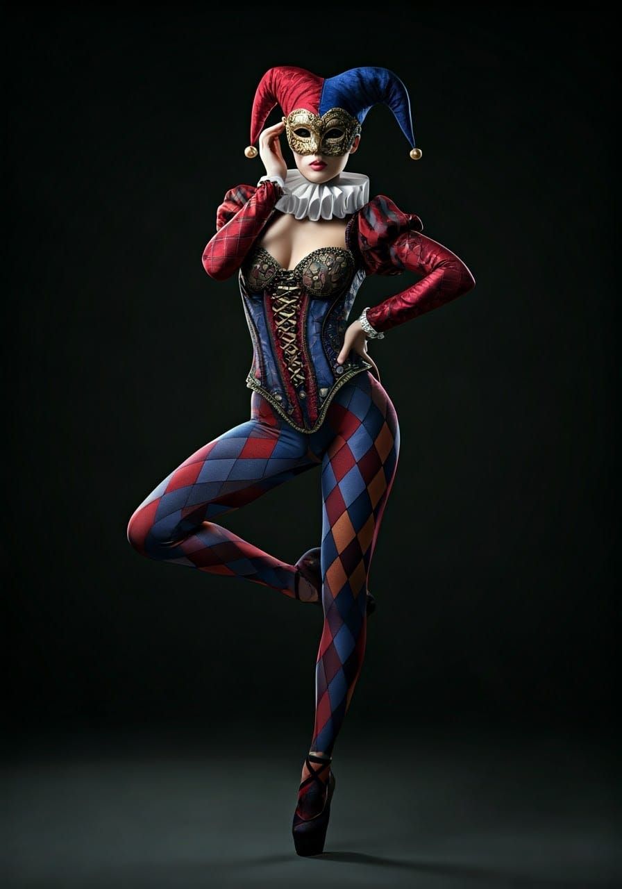 Elegant Harlequin Jester in Exquisite Venetian Mask