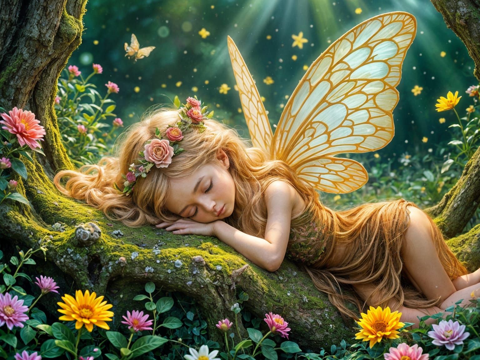 Whimsical Sleeping Fairy Girl in Enchanted Forest