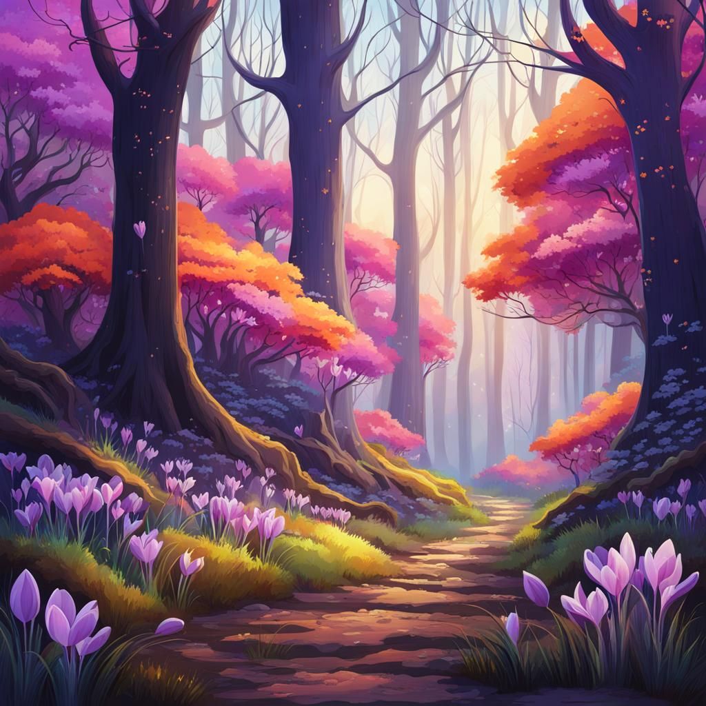 Vibrant Forest Blooms in Anime Style