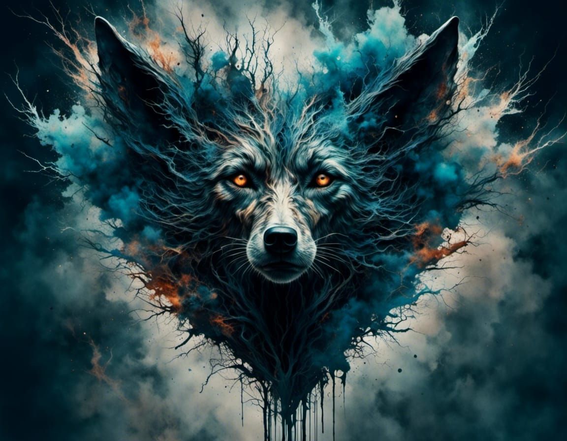 <lora:Dark:1.0> A Wolf's face in profile, made of billowing ...
