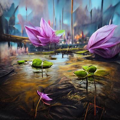 Fantasy Lotus Flowers in a Swamp: Digital Acrylic Art