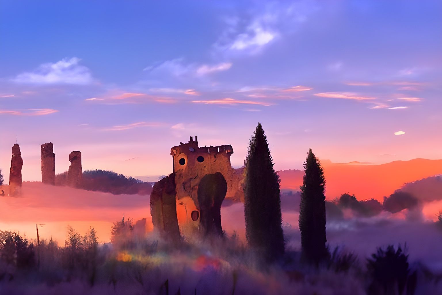 Tuscan Castle Ruins at Sunrise: Digital Oil Painting