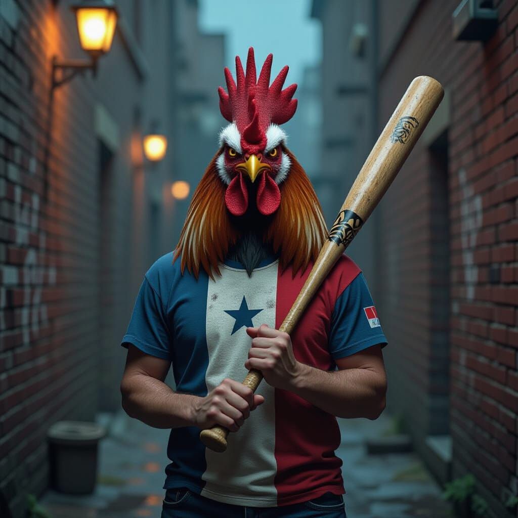 Melancholic Rooster in Noir Alleyway with Baseball Bat