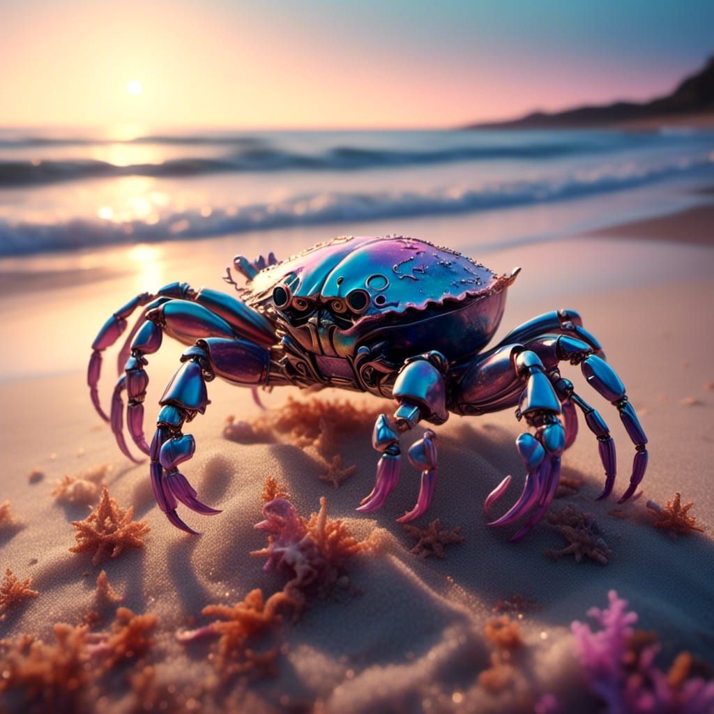Crab on Beach in Super Hyperrealism Style