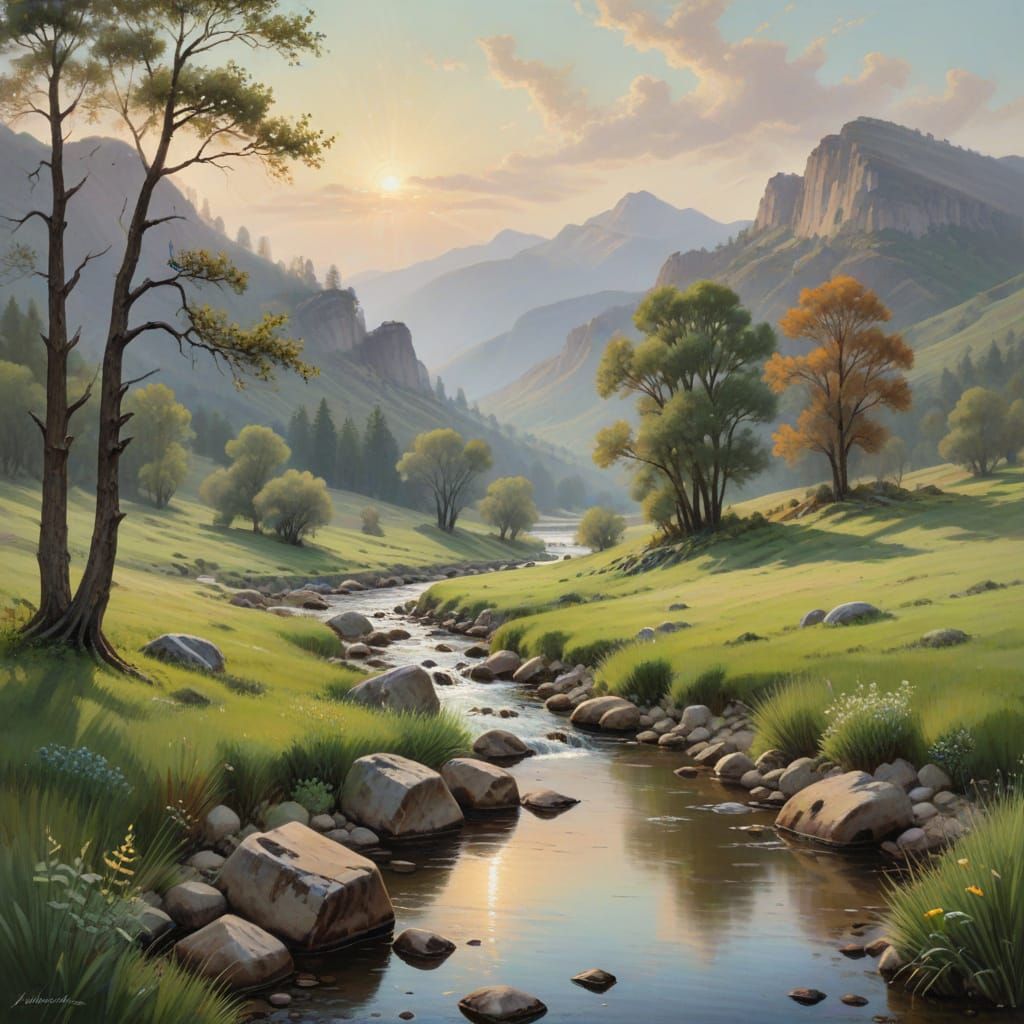 Classic Landscape Painting of a Serene Valley