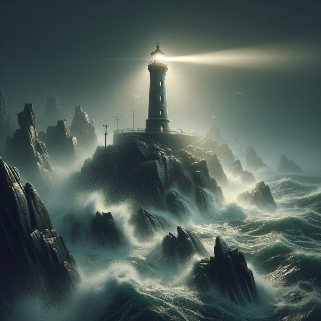 Lighthouse on Rocky Promontory in Hyperrealistic 3D Style