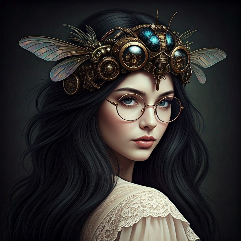 Steampunk Goddess with Biomechanical Wings and Vintage Glass...