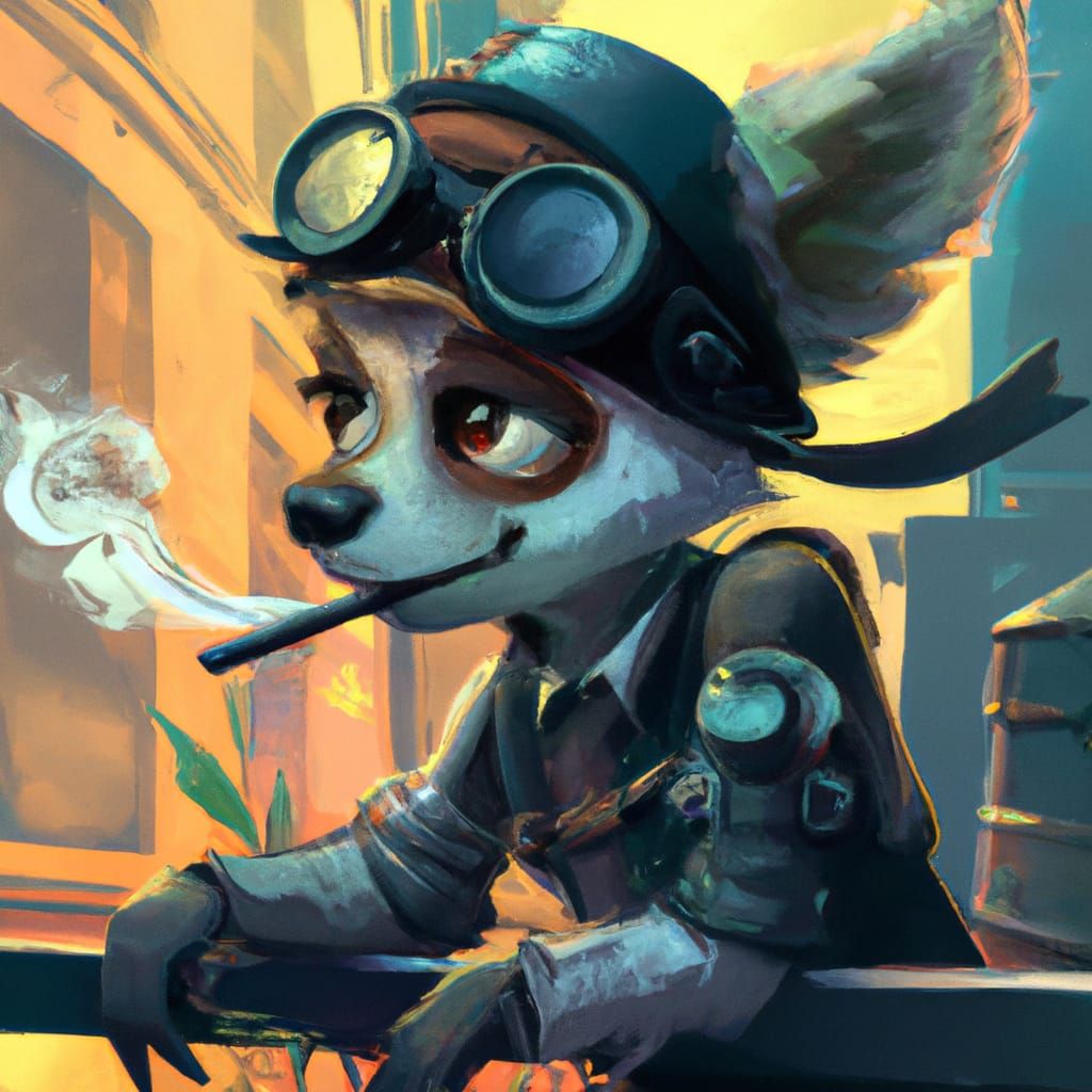 Steampunk Fox Smoking Cigar in City Alley