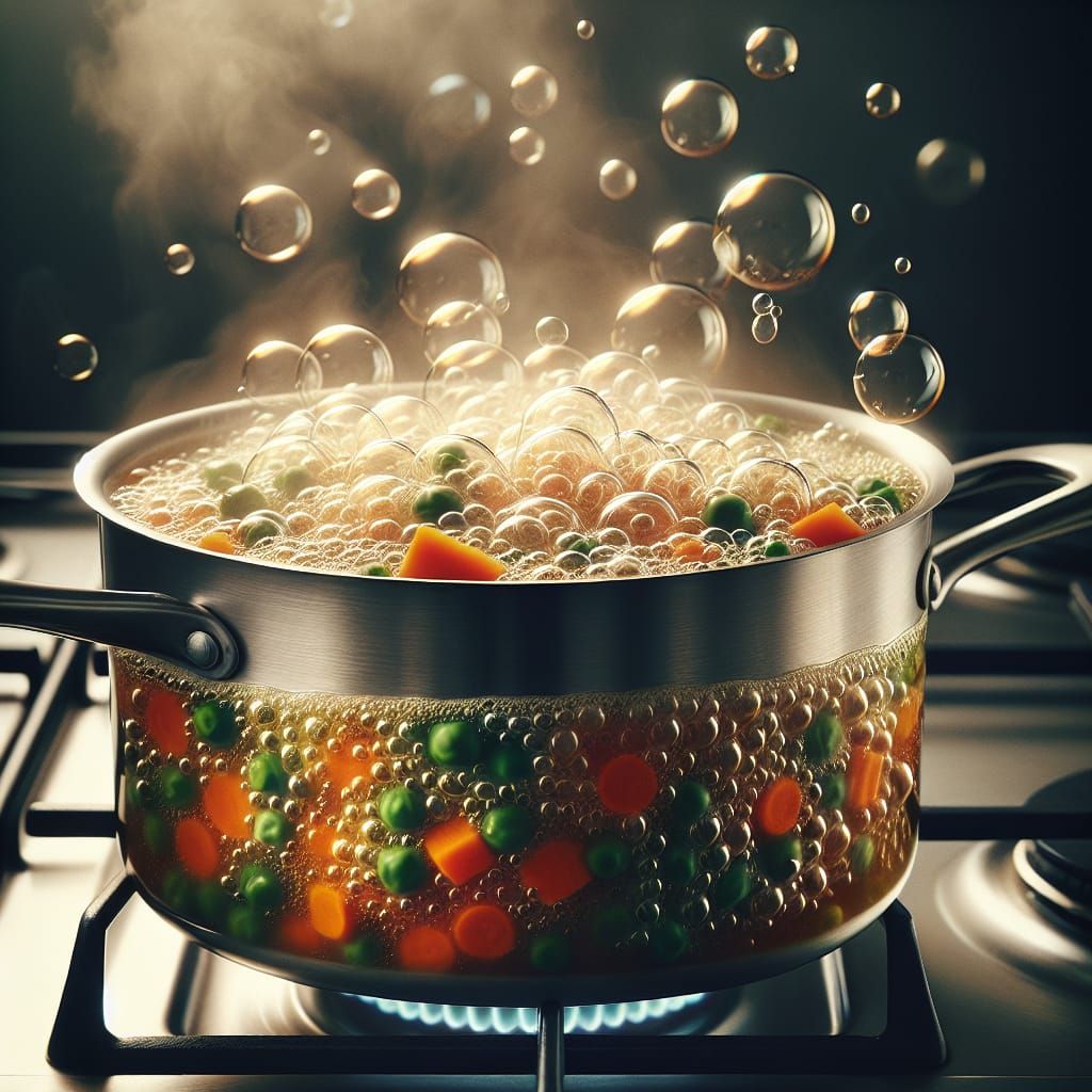 Bubbling Vegetable Soup in Stainless Steel Pan