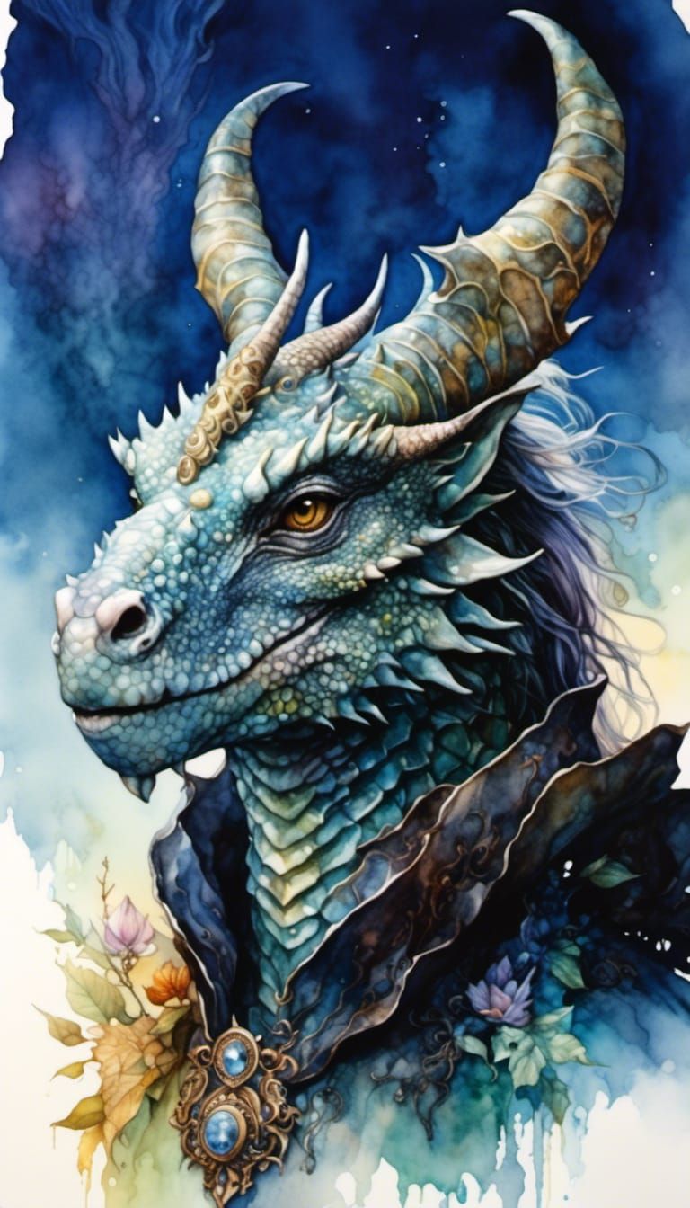 Dragonborn Portrait on Mountain, Watercolor Art Nouveau