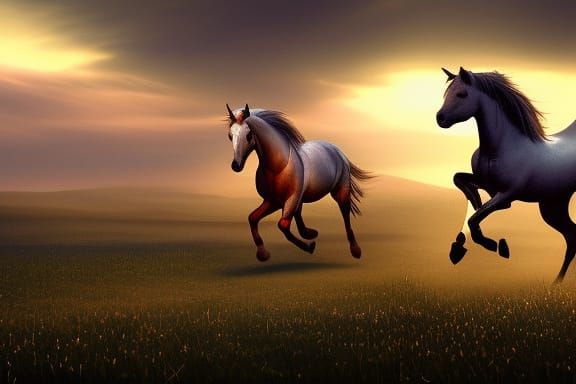 Horses at Twilight: Detailed Matte Painting in Deep Color