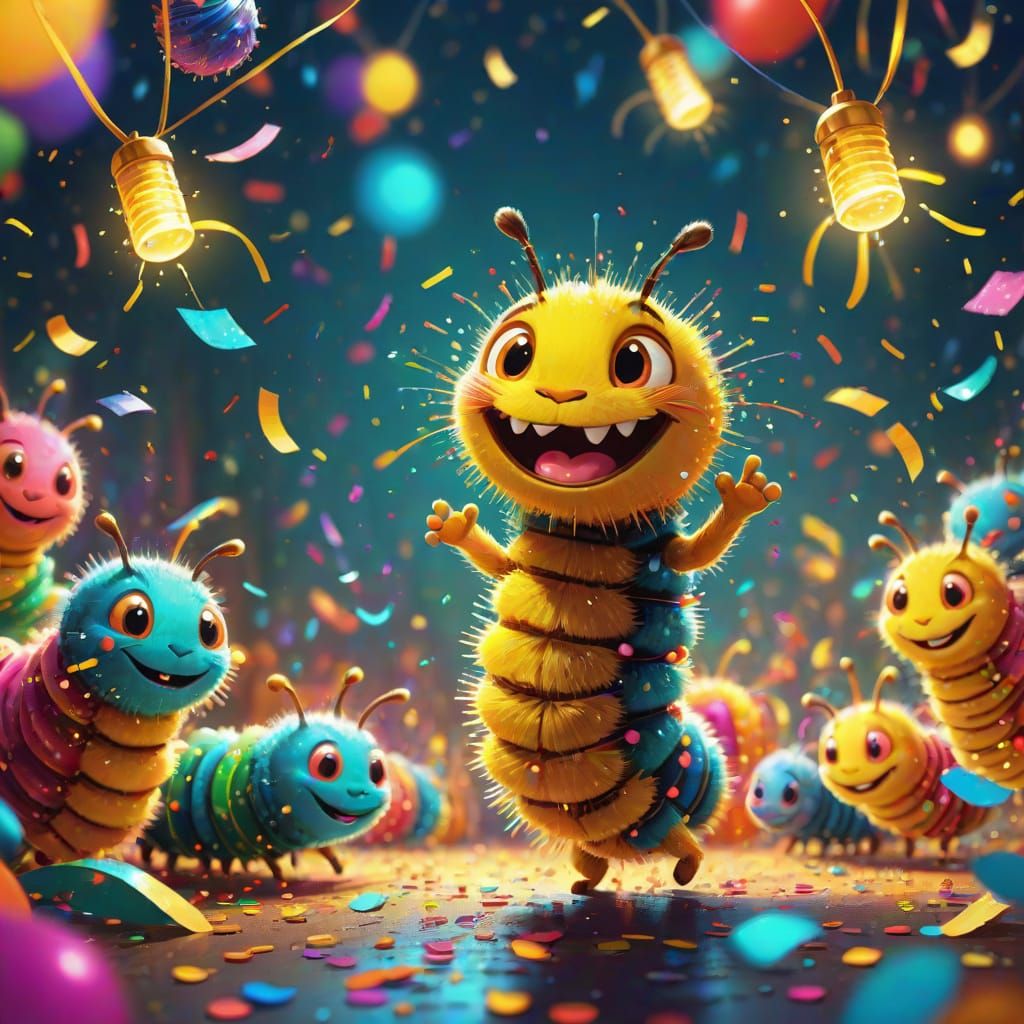 Caterpillar's Festive Dance: Vibrant Digital Art