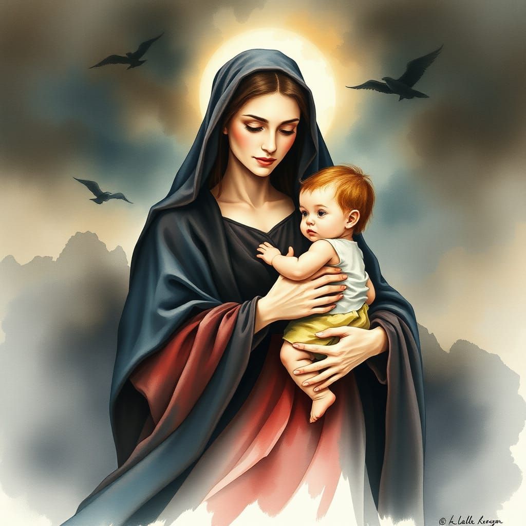 Regal Mother and Child in Timeless Watercolor